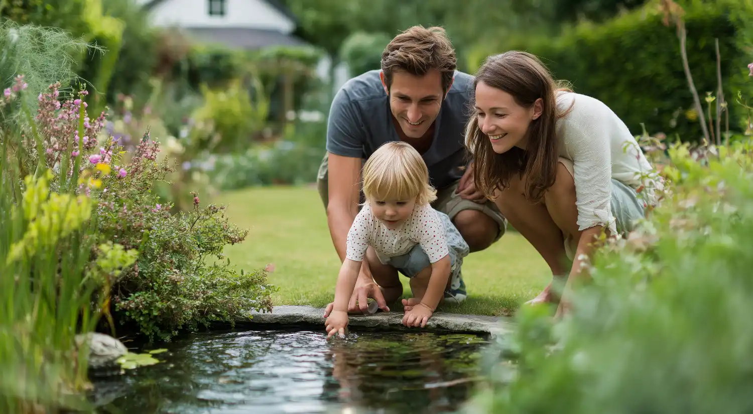 Familie mit Kind am Gartenteich prüft die Wasserqualität
