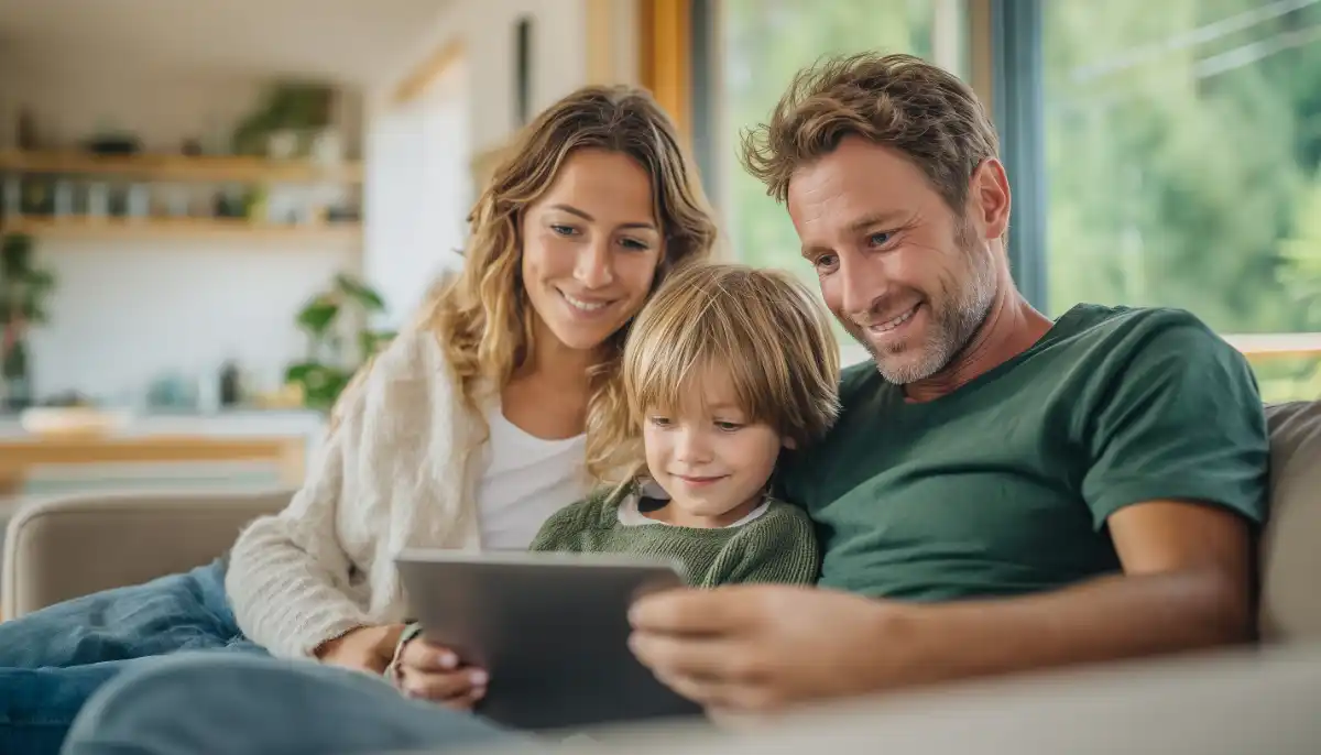 Familie schaut sich das Wassertest-Ergebnis auf dem Tablet an